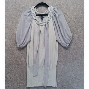 SANS Souci Knit Blouse Women L Gray Sheer Sleeve Tie Neck Boho Romantic